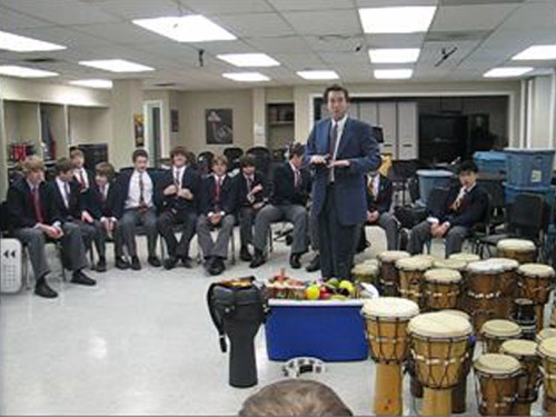 <p>Don Finlay’s Grade 9 band class at St. Andrew’s College school won the first ever Breezin’ Thru Theory drill contest, by being the first school to complete 10 drills with all students scoring over 80%. Their prize was an amazing Hand Drumming clinic. Their newfound knowledge of Rhythm was put to great use!</p>
